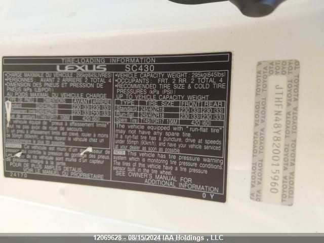 2002 Lexus Sc 430 VIN: JTHFN48Y820015960 Lot: 12069628