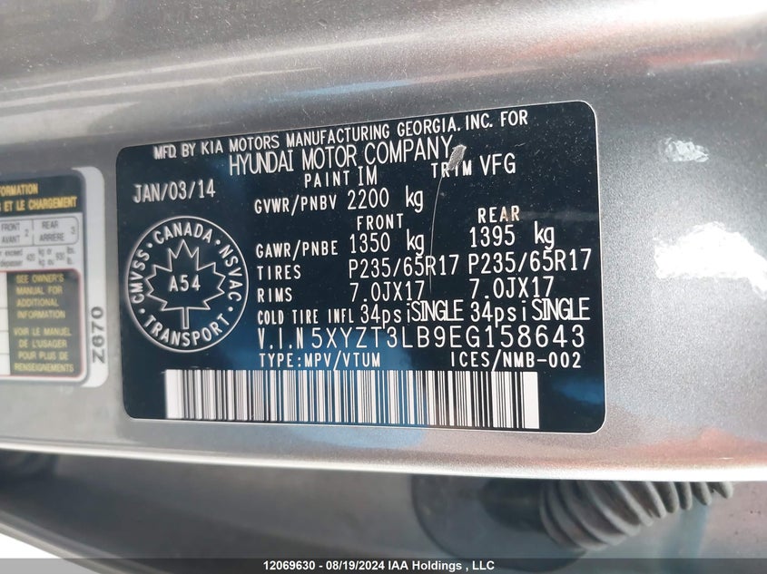 2014 Hyundai Santa Fe Sport VIN: 5XYZT3LB9EG158643 Lot: 12069630