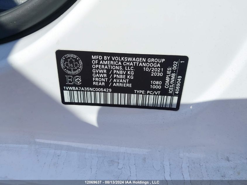 2022 Volkswagen Passat Limited Edition VIN: 1VWBA7A35NC005429 Lot: 12069637