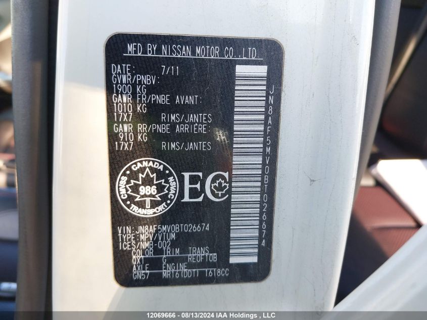 2011 Nissan Juke Sv VIN: JN8AF5MV0BT026674 Lot: 12069666