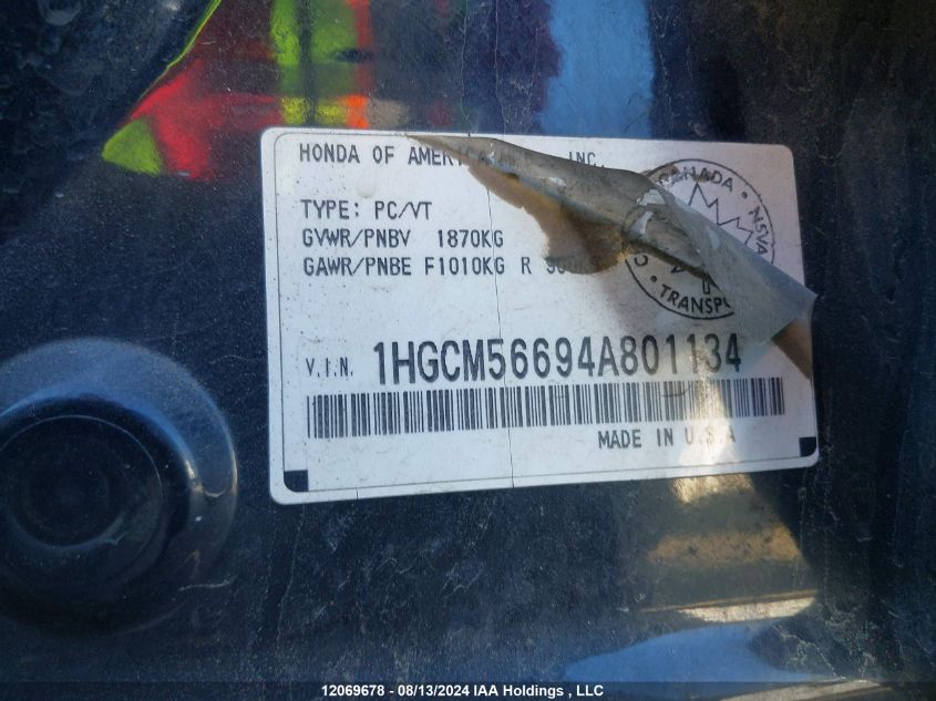 2004 Honda Accord Sdn VIN: 1HGCM56694A801134 Lot: 12069678