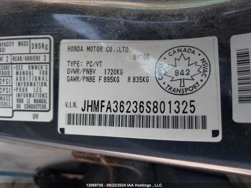 JHMFA36236S801325 2006 Honda Civic Hybrid