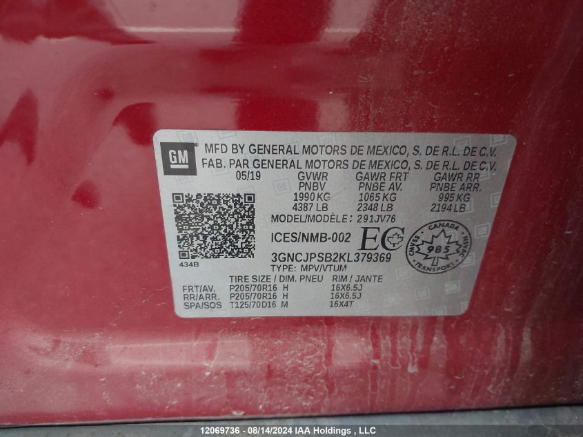 2019 Chevrolet Trax VIN: 3GNCJPSB2KL379369 Lot: 12069736