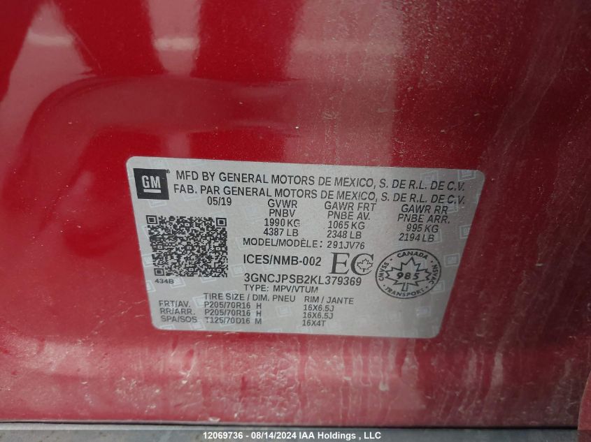 2019 Chevrolet Trax VIN: 3GNCJPSB2KL379369 Lot: 12069736