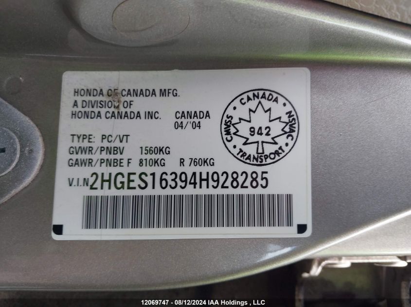 2004 Honda Civic Sdn VIN: 2HGES16394H928285 Lot: 12069747