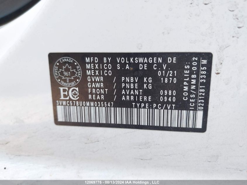 2021 Volkswagen Jetta VIN: 3VWC57BU0MM035547 Lot: 12069775