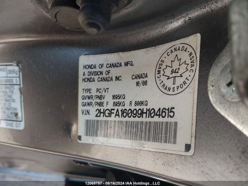 2009 Honda Civic Sdn VIN: 2HGFA16099H104615 Lot: 12069787
