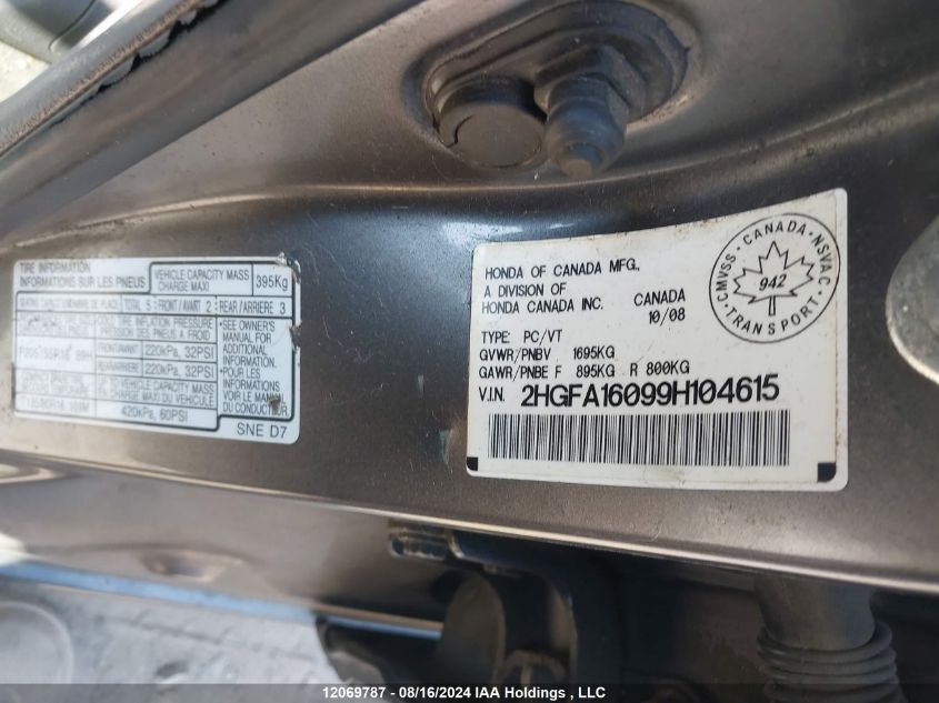 2009 Honda Civic Sdn VIN: 2HGFA16099H104615 Lot: 12069787
