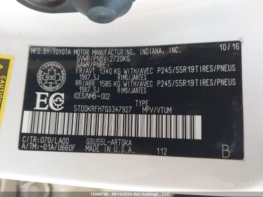 2016 Toyota Highlander Limited/Ltd Platinum VIN: 5TDDKRFH7GS347927 Lot: 12069796