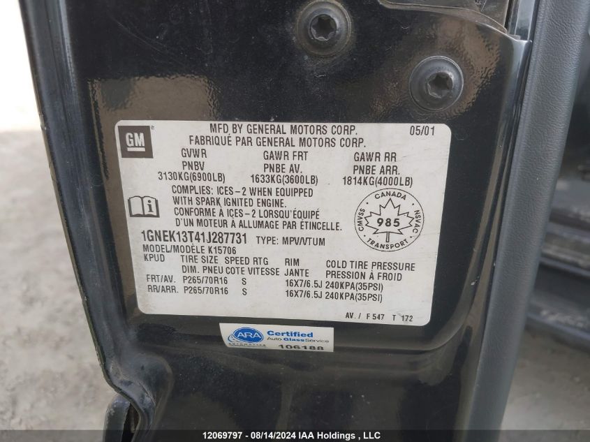 2001 Chevrolet Tahoe K1500 VIN: 1GNEK13T41J287731 Lot: 12069797