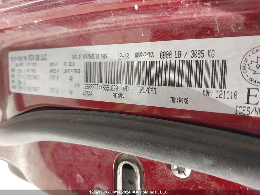 2019 Ram 1500 Classic Tradesman VIN: 1C6RR7FT4KS591830 Lot: 12069799