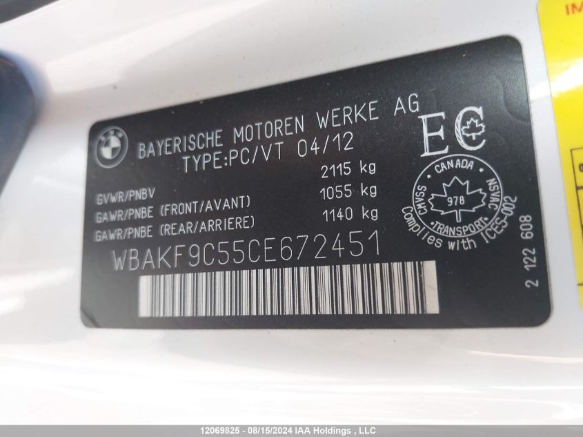 2012 BMW 3 Series VIN: WBAKF9C55CE672451 Lot: 12069825