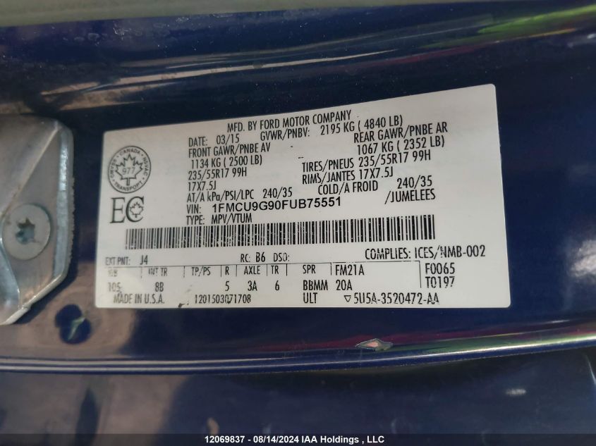 2015 Ford Escape Se VIN: 1FMCU9G90FUB75551 Lot: 12069837