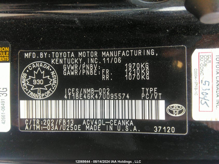2007 Toyota Camry VIN: 4T1BE46K47U095574 Lot: 12069844