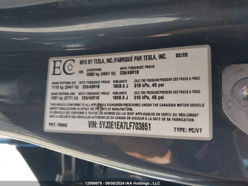 5YJ3E1EA7LF703851 2020 TESLA MODEL 3 photo no. 9