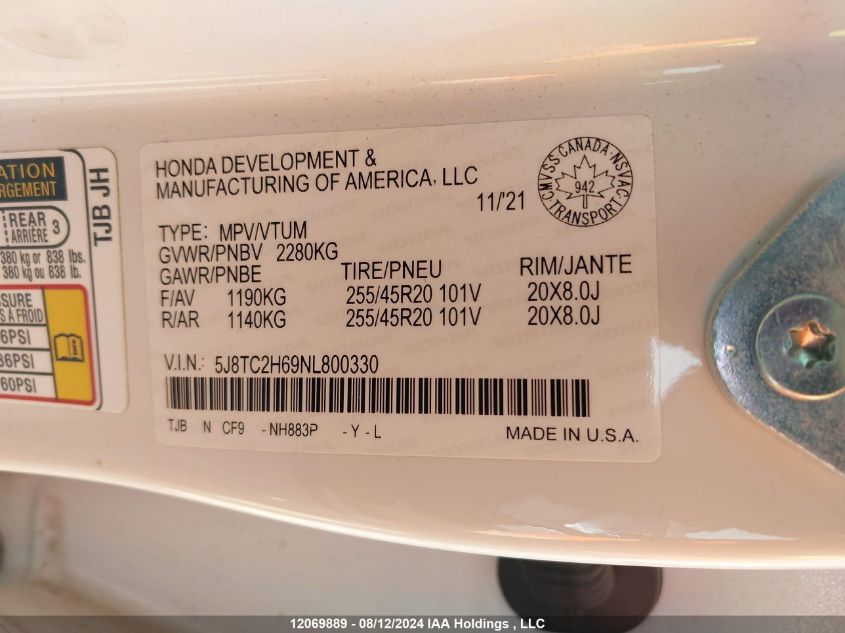 2022 Acura Rdx VIN: 5J8TC2H69NL800330 Lot: 12069889