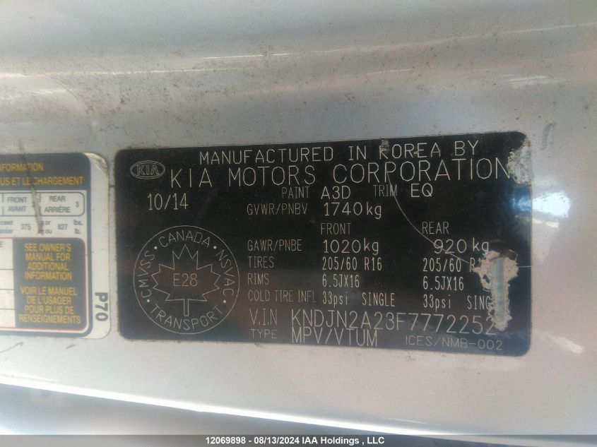2015 Kia Soul VIN: KNDJN2A23F7772252 Lot: 12069898