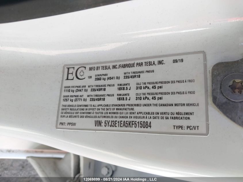 2019 Tesla Model 3 VIN: 5YJ3E1EA5KF515084 Lot: 12069899