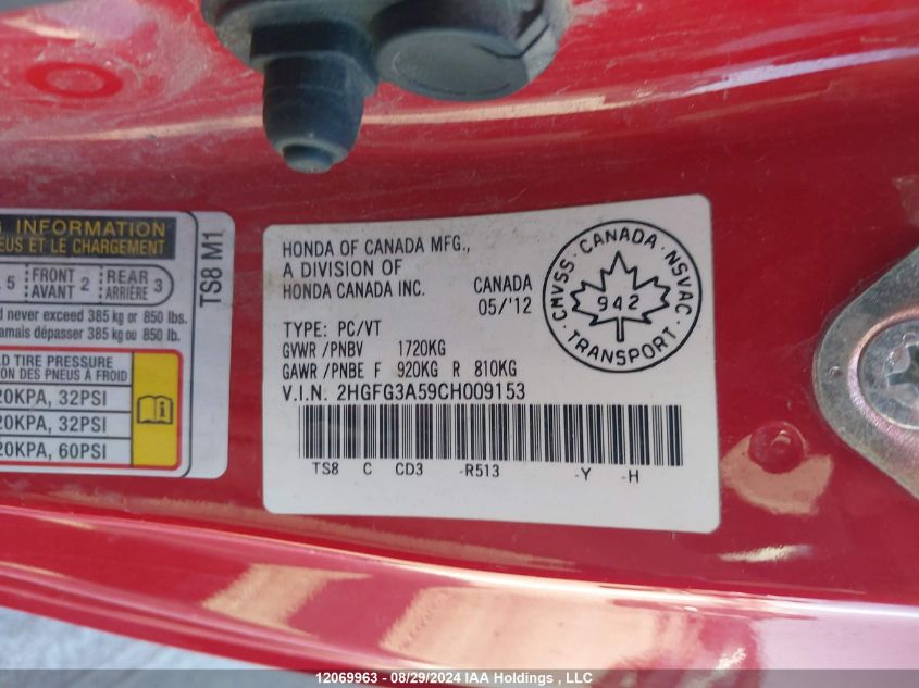 2012 Honda Civic Cpe VIN: 2HGFG3A59CH009153 Lot: 12069963