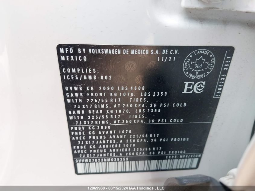 Auction sale of the 2022 VOLKSWAGEN TAOS , vin: 3VVWX7B23NM039359, lot number: 12069980