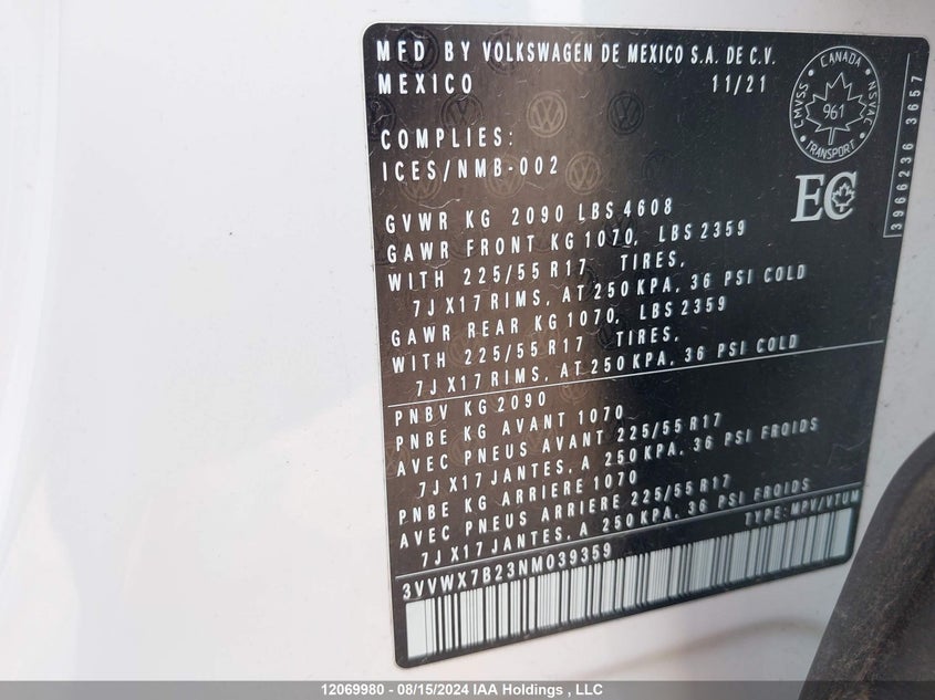 Auction sale of the 2022 VOLKSWAGEN TAOS , vin: 3VVWX7B23NM039359, lot number: 12069980