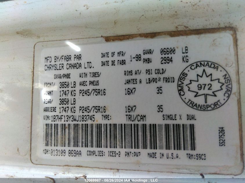 1998 Dodge Ram 1500 VIN: 1B7HF13Y3WJ183745 Lot: 12069987