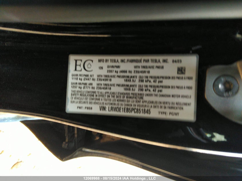 2023 Tesla Model 3 VIN: LRW3E1EB5PC851845 Lot: 12069988