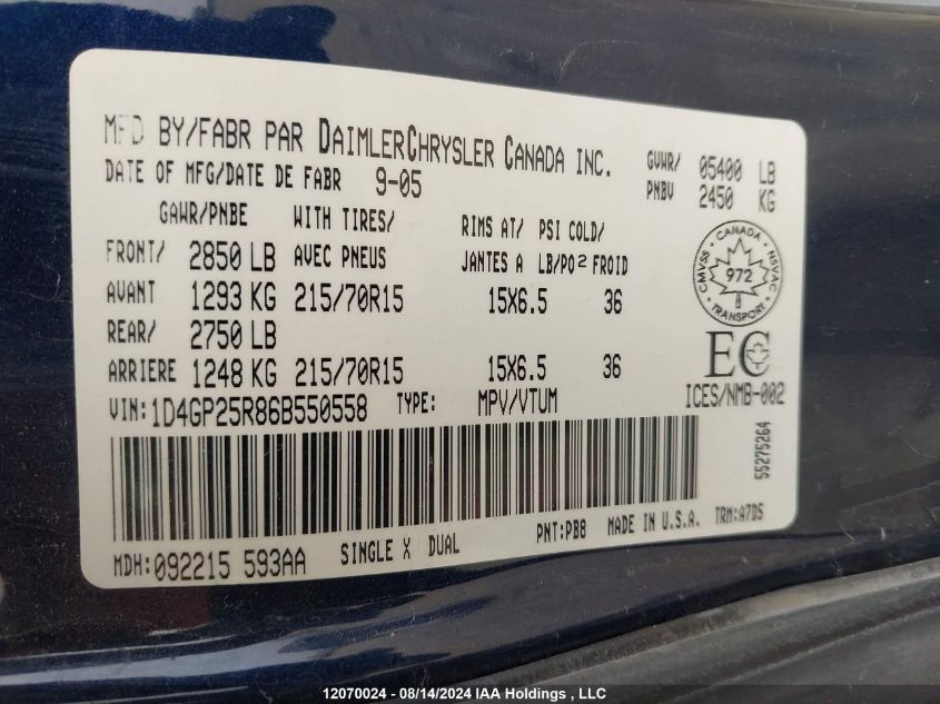 2006 Dodge Caravan VIN: 1D4GP25R86B550558 Lot: 12070024