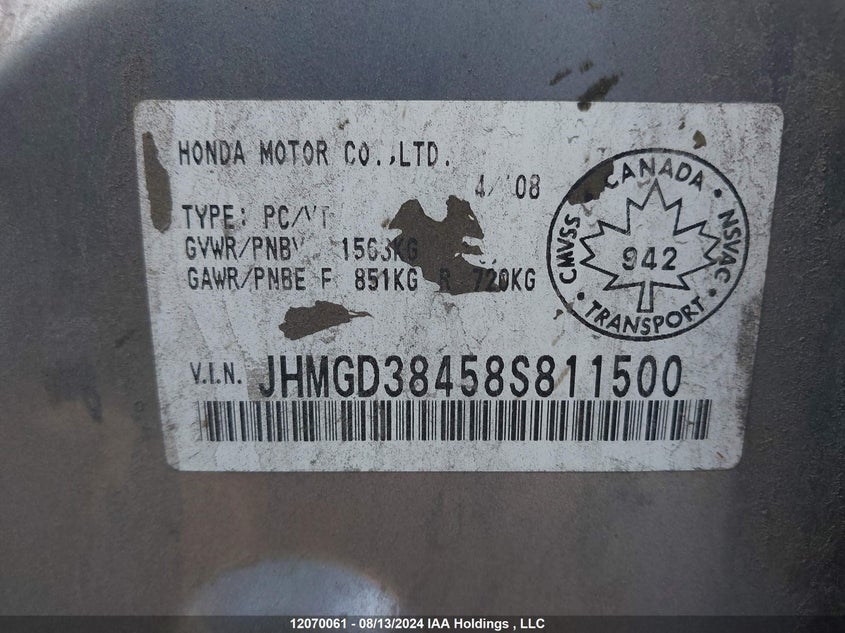 2008 Honda Fit VIN: JHMGD38458S811500 Lot: 12070061