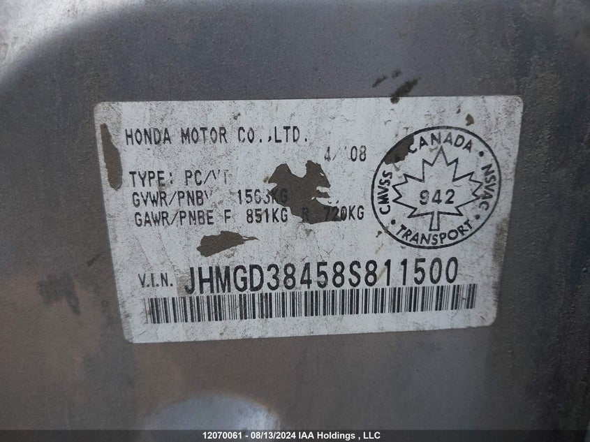 2008 Honda Fit VIN: JHMGD38458S811500 Lot: 12070061