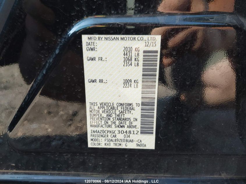 2016 Nissan Leaf VIN: 1N4AZ0CPXGC304812 Lot: 12070066