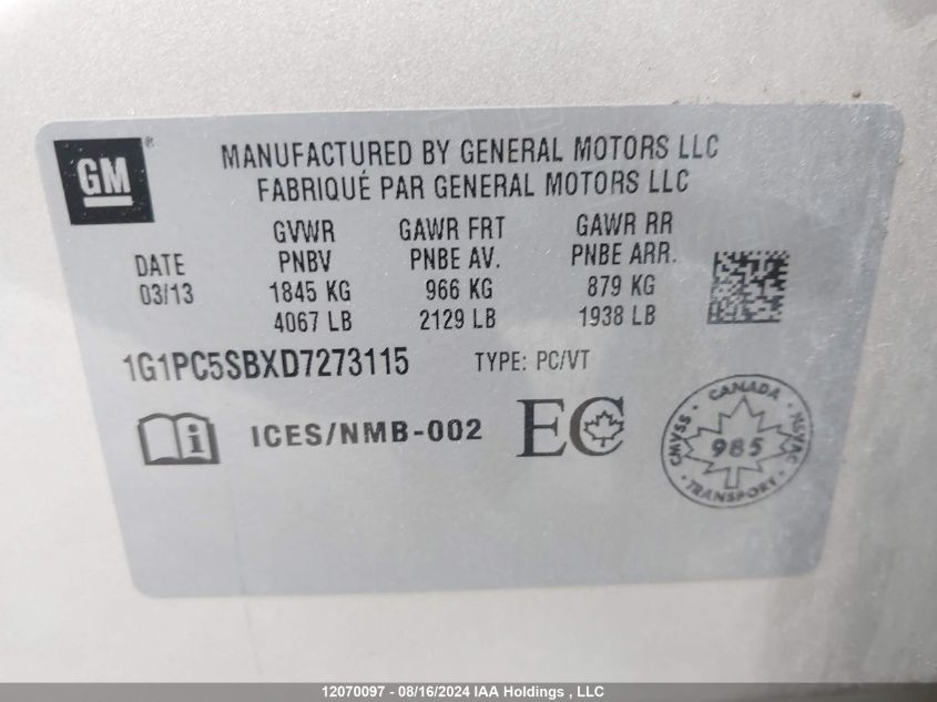 2013 Chevrolet Cruze VIN: 1G1PC5SBXD7273115 Lot: 12070097