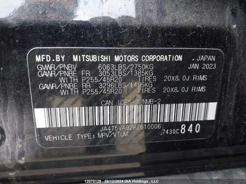 2023 Mitsubishi Outlander Phev VIN: JA4T5VA92PZ610006 Lot: 12070129