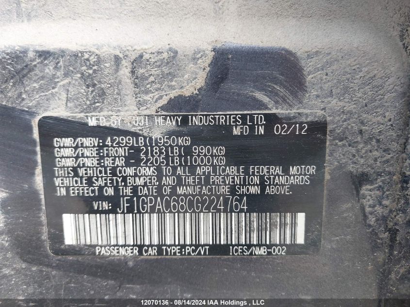2012 Subaru Impreza Premium VIN: JF1GPAC68CG224764 Lot: 12070136