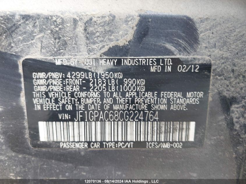 2012 Subaru Impreza Premium VIN: JF1GPAC68CG224764 Lot: 12070136