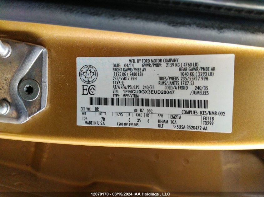 2014 Ford Escape Se VIN: 1FMCU9GX3EUD28047 Lot: 12070170