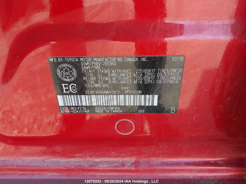 2010 Toyota Rav4 VIN: 2T3BF4DV6AW040911 Lot: 12070202