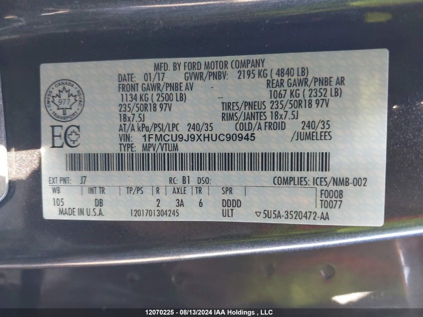 2017 Ford Escape Titanium VIN: 1FMCU9J9XHUC90945 Lot: 12070225