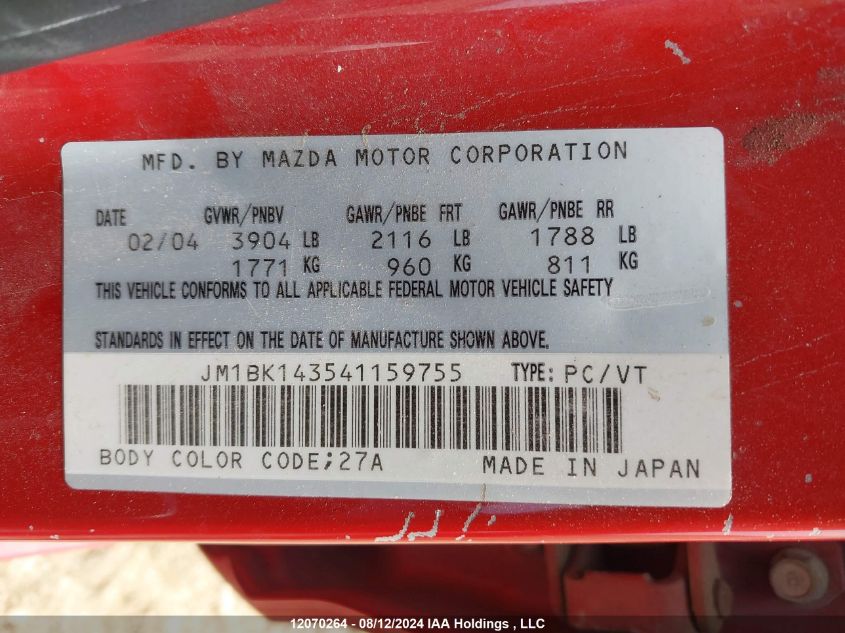 JM1BK143541159755 2004 Mazda Mazda3