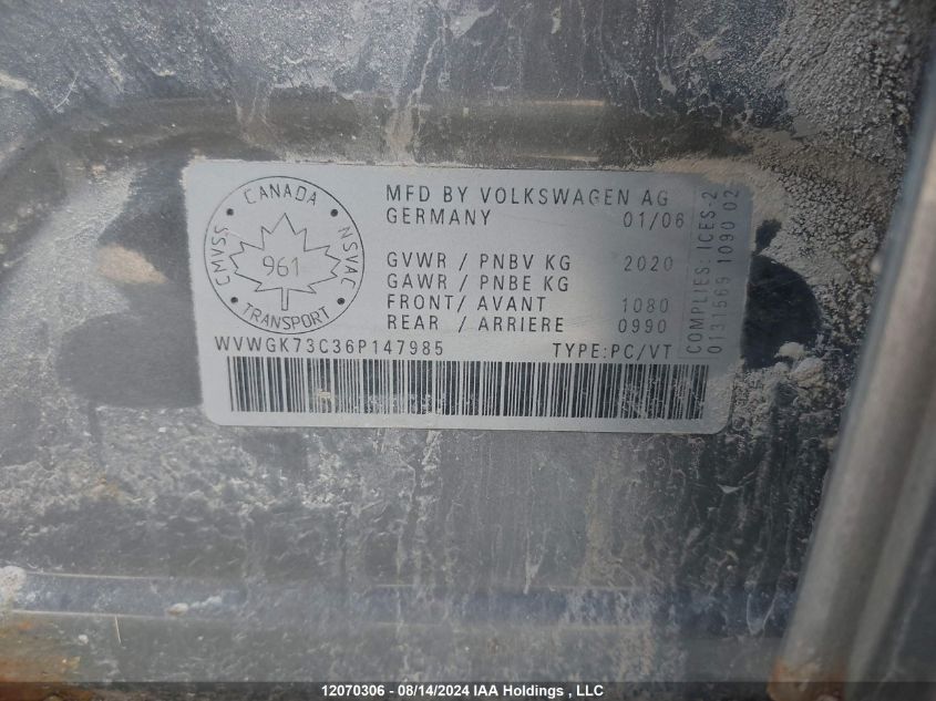 2006 Volkswagen Passat Sedan VIN: WVWGK73C36P147985 Lot: 12070306