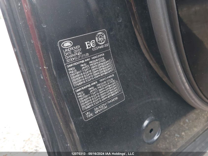 2007 Land Rover Lr3 VIN: SALAG25417A434058 Lot: 12070313