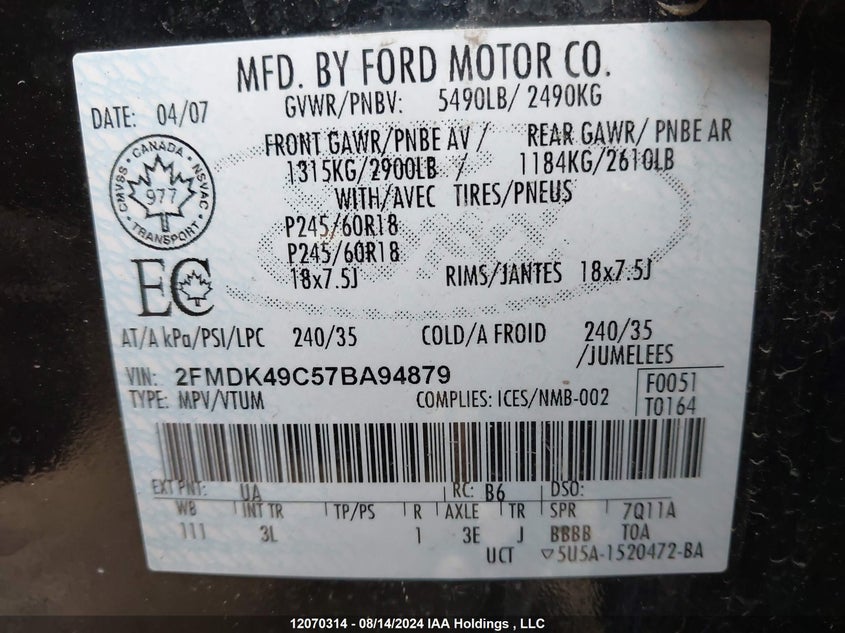 2007 Ford Edge Sel Plus VIN: 2FMDK49C57BA94879 Lot: 12070314