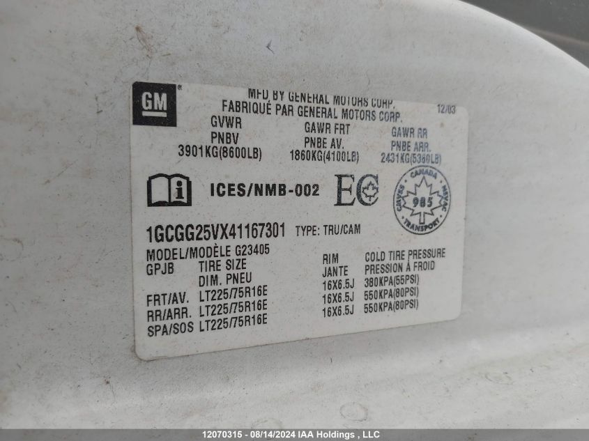 2004 Chevrolet Express G2500 VIN: 1GCGG25VX41167301 Lot: 12070315