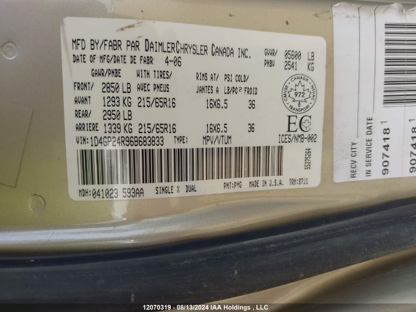 2006 Dodge Grand Caravan VIN: 1D4GP24R96B683833 Lot: 12070319