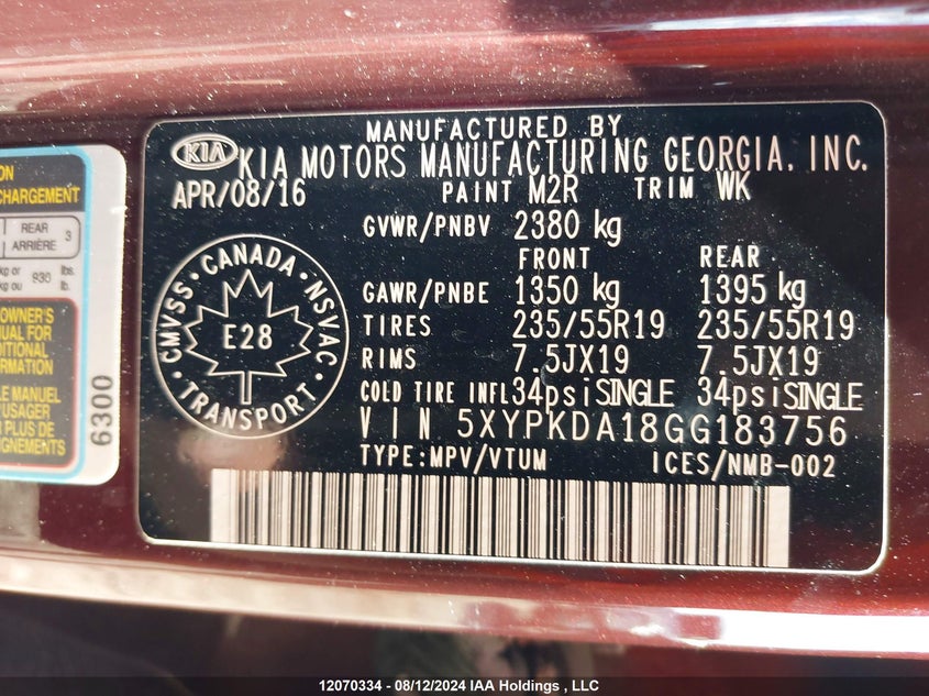 2016 Kia Sorento Sx/Sx Limited VIN: 5XYPKDA18GG183756 Lot: 12070334