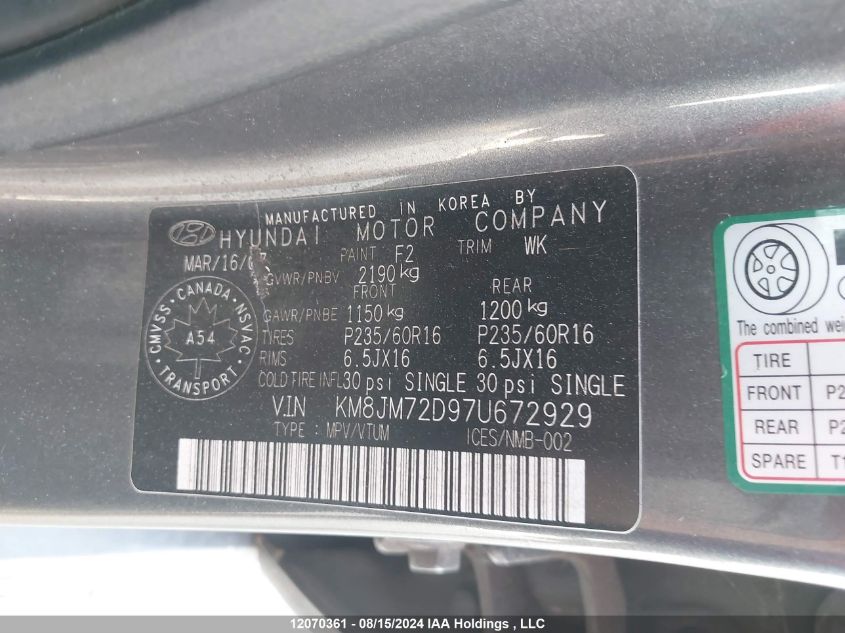 2007 Hyundai Tucson Gl/Gls VIN: KM8JM72D97U672929 Lot: 12070361