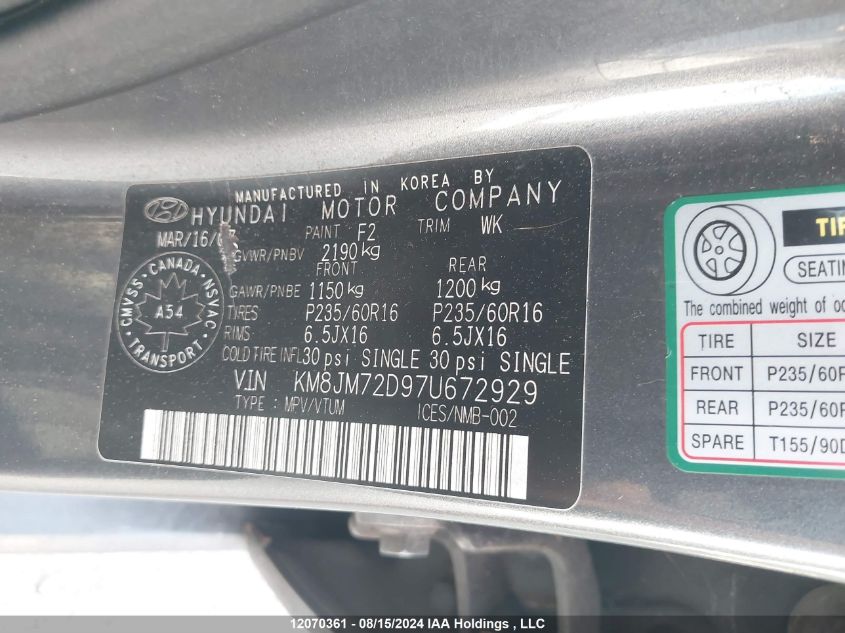 2007 Hyundai Tucson Gl/Gls VIN: KM8JM72D97U672929 Lot: 12070361