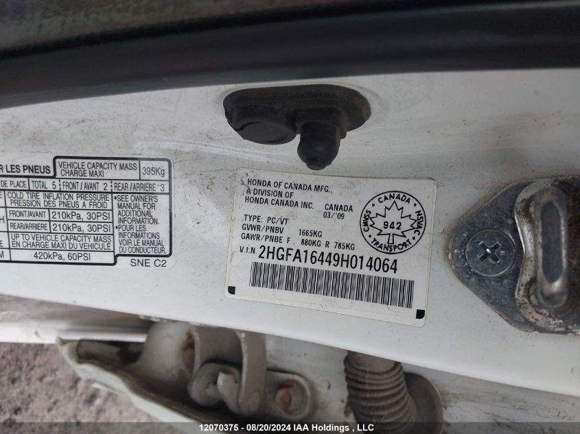 2009 Honda Civic Dx-G VIN: 2HGFA16449H014064 Lot: 12070375