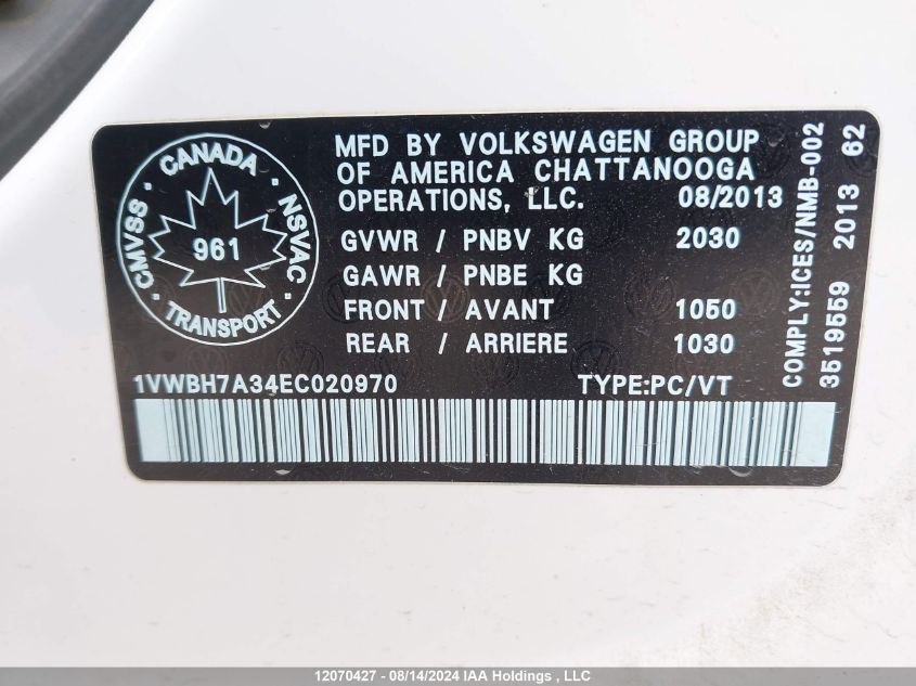 2014 Volkswagen Passat VIN: 1VWBH7A34EC020970 Lot: 12070427