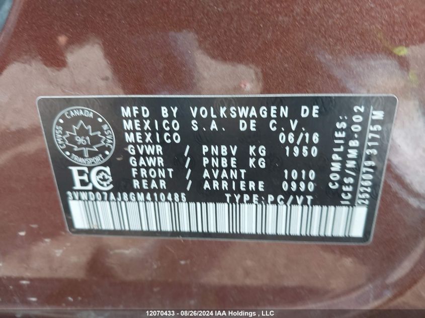 2016 Volkswagen Jetta 1.8T Sport VIN: 3VWD07AJ8GM410485 Lot: 12070433